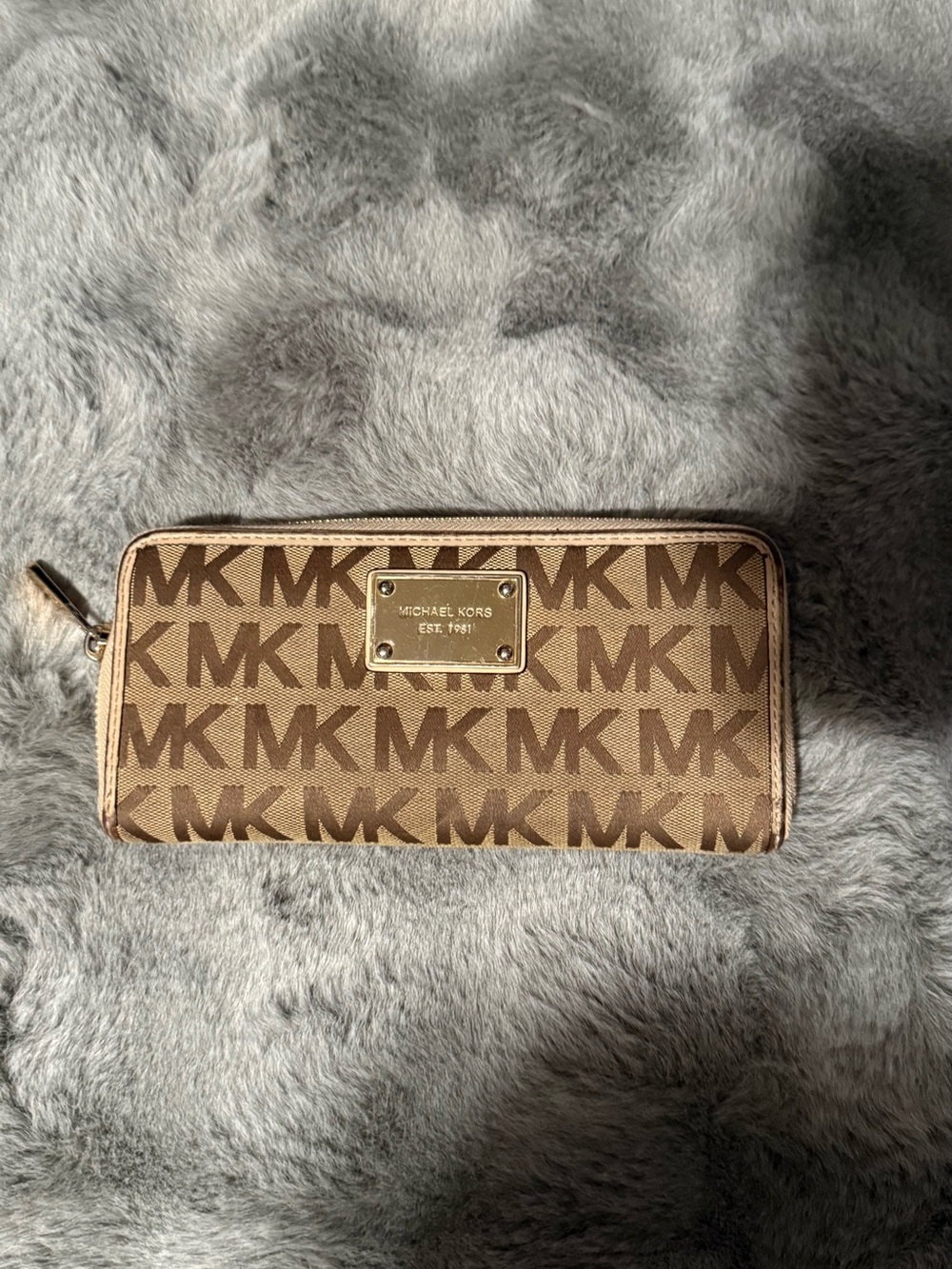 Michael Kors tan and brown MK Logo Zip Wallet